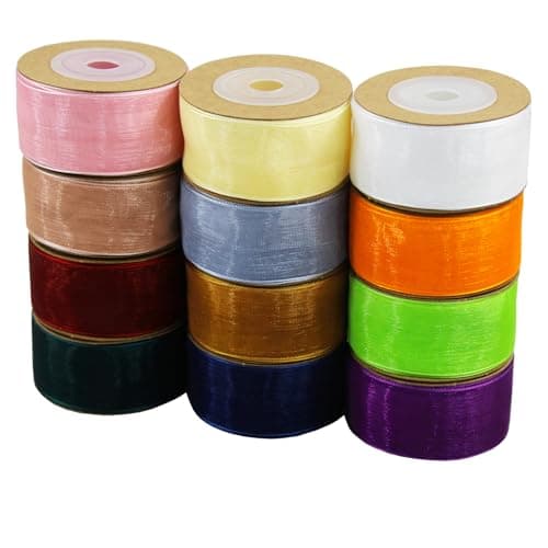 YERELO 10Yardx12 Rolls Organza Ribbon Mixed Color Sheer Ribbons 1 X 120 Yards Double Face for Christmas Tree CraftsWreathGift WrappingBirthday Shower Party Decoration and DIY Handmade Hair Bows