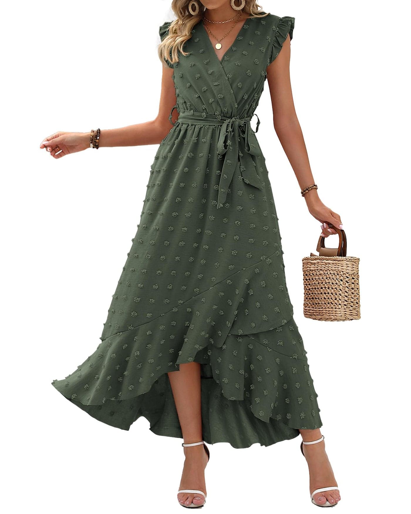 BTFBM Women V Neck Summer Dress 2025 Cap Sleeve Swiss Dot Boho Flowy Ruffle Slit Beach Party Long Maxi Cocktail Dresses(Army Green, Medium)