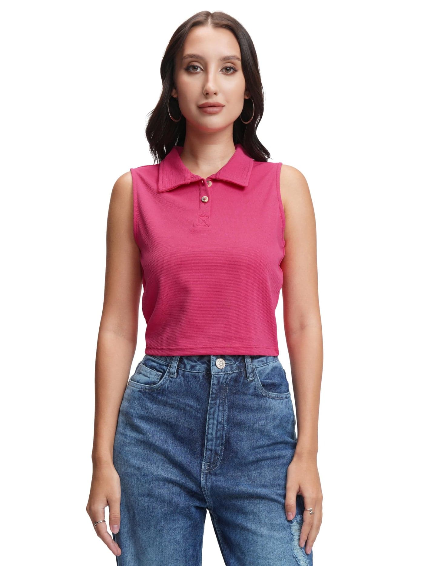 Tokyo Talkies Women's Sleeveless Collared Crop T-Shirt | Sporty & Chic for A Trendy Look | Sleeveless | Sporty & Casual | Tops for Woman | Women Tops | Stylish Top