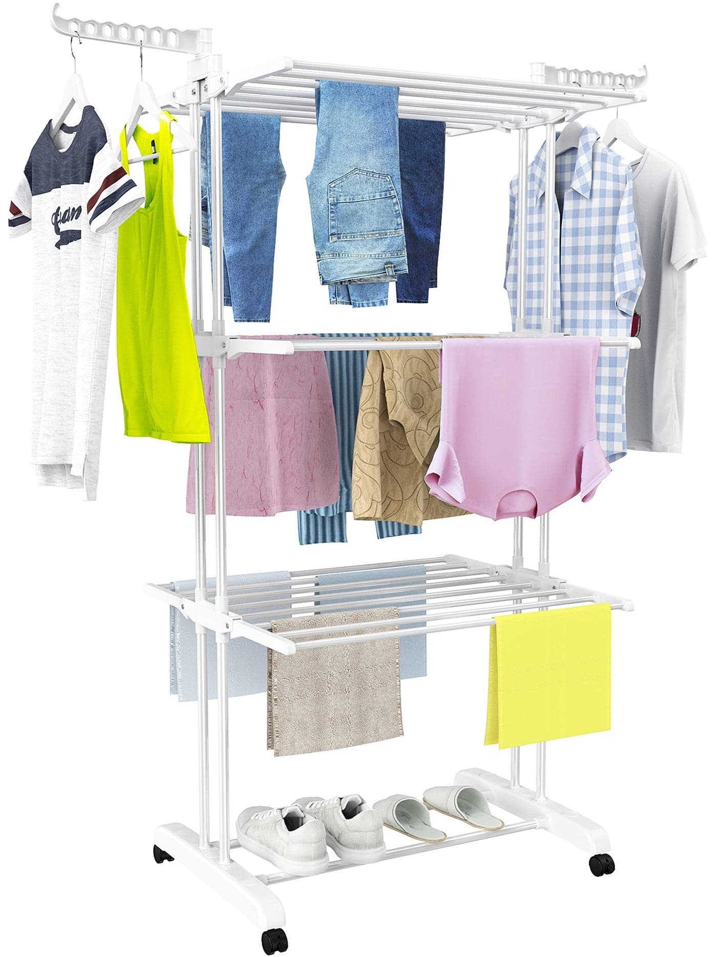 HOMIDEC Clothes Drying Rack Large 4Tier Foldable Drying Rack Clothing677H x 197W x 30L Inches Movable Drying Rack with 4 castors Multifunctional Stainless Steel Laundry Drying Rack White