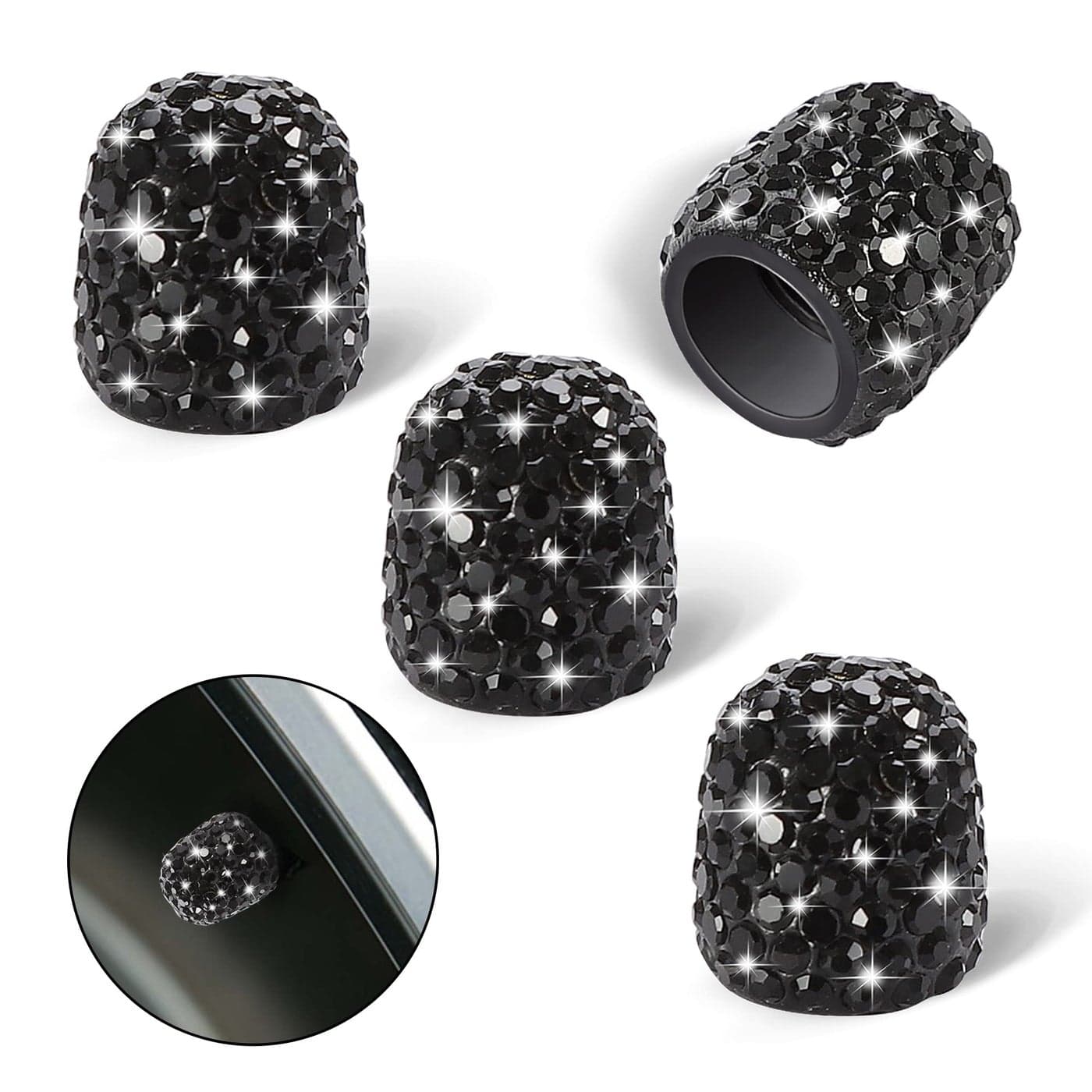 WINKA 4Pcs Bling Car Tire Valve Stem Caps Diamond Bling Dustproof Car Wheel Tire Valve Caps Crystal Decor Universal Shiny Wheel Stem Valve Exterior Accessories for CarsSUVBikes Motorcycles Black