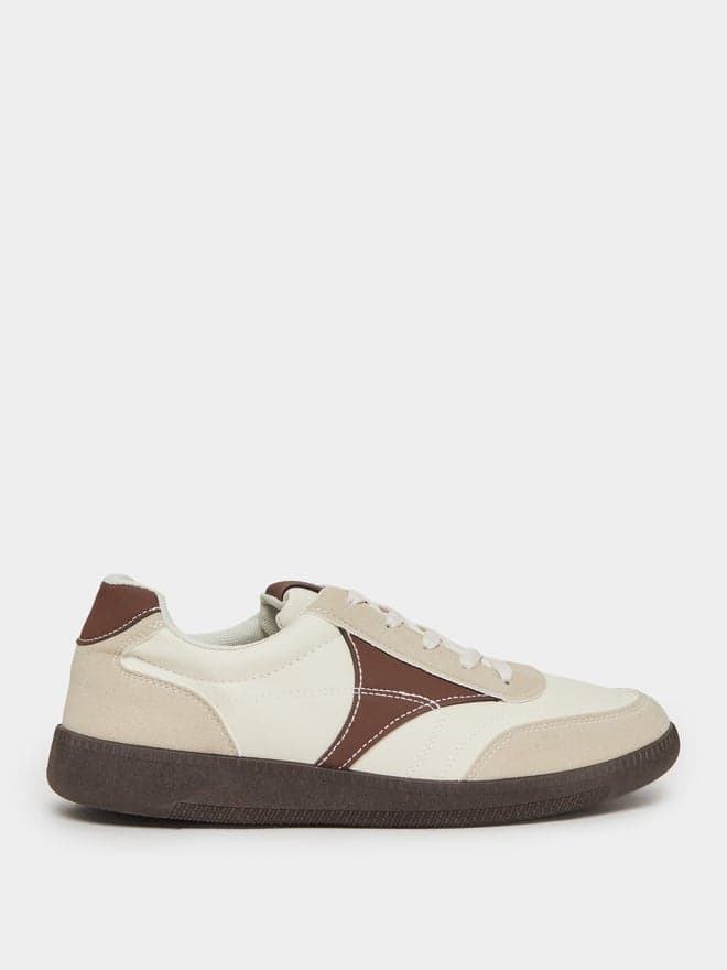 Brown Contrast Panel Suede Lace-Up Sneakers