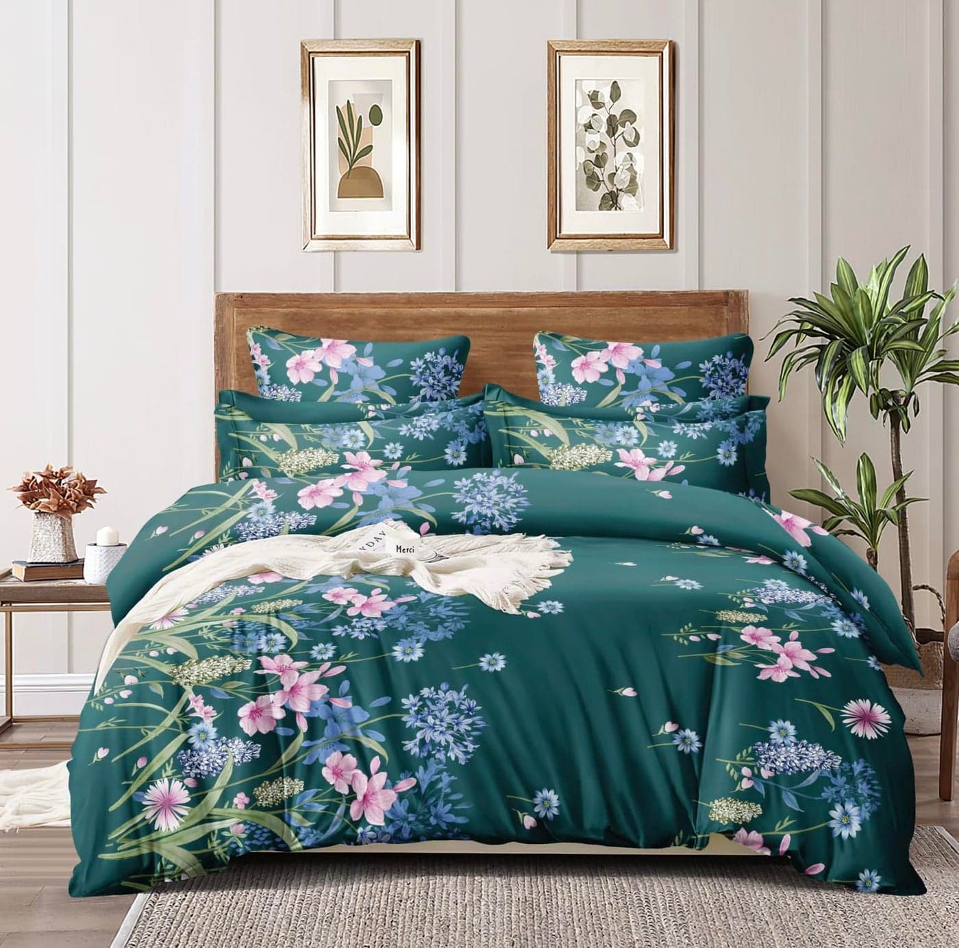 Furnistitchs Premium Glace Cotton Duvet Cover/Comforter Cover/Rajai Cover/Blanket Cover/Quilt Cover King Size 90"x100" inches - (Double 90x100, Bottle Green Flowers, 180, Zipper)