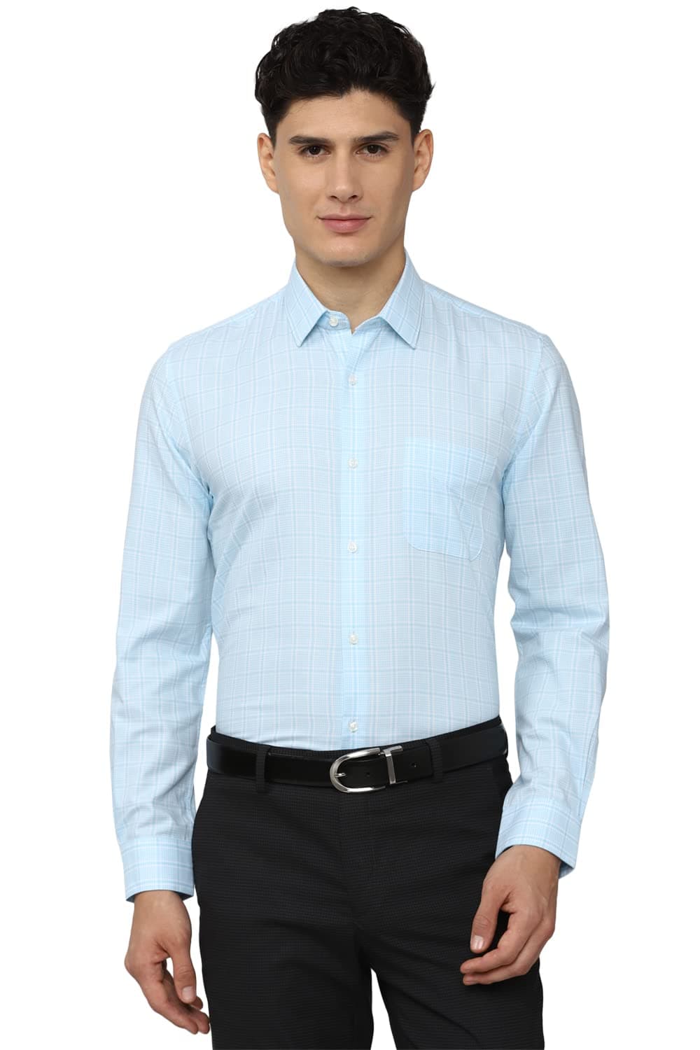 Peter England Men's Classic Sophisticated Self-Checkered Formal Slim Fit Full Sleeve Shirt | Wonder Fabric | Cotton-Rich Aqua