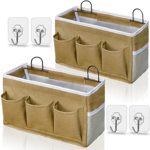 Kanrichu 2pcs 3pockets Large Wall Hanging Organizer Bag Linen Fabric Door Hanging Storage Baskets with Pockets Waterproof Bin for Kitchen Bedroom Office RV Camper Khaki2pcs