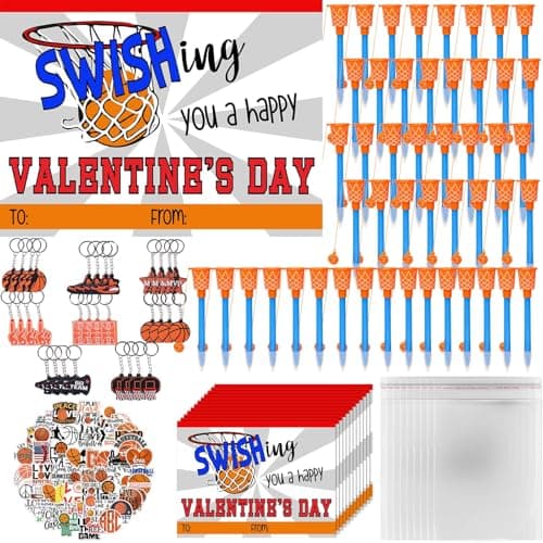 Gosodeny 48 Pack Basketball Party Favor Set with Mini Hoop Pens Keychains Stickers Exchange Cards and Gift Bags Bulk Gifts Sports Birthday Goodie Bag Fillers for Adult