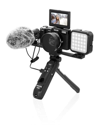 Minolta 64MP 4K60FPS VLOG Camera Kit – Digital Autofocus Camcorder with Tripod, Remote, Mic, LED Light, 3-inch LCD Screen, Time-Lapse, Slow Motion, Wide Angle Lens, 32GB Card, USB