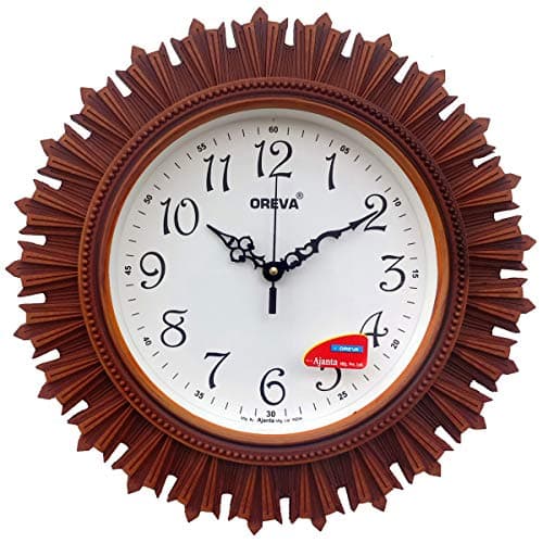 Oreva Plastic Wooden Look Designer Wall Clock (32.5 x 32.5 x 4.8 cm, Brown, AQ 6197)