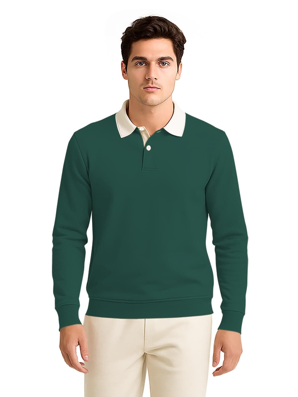 BULLMER Solid Polo Neck Full Sleeve Cotton Blend Tshirt with Rib for Men | Stylish Full Hand Tshirt for Men_Green_Large