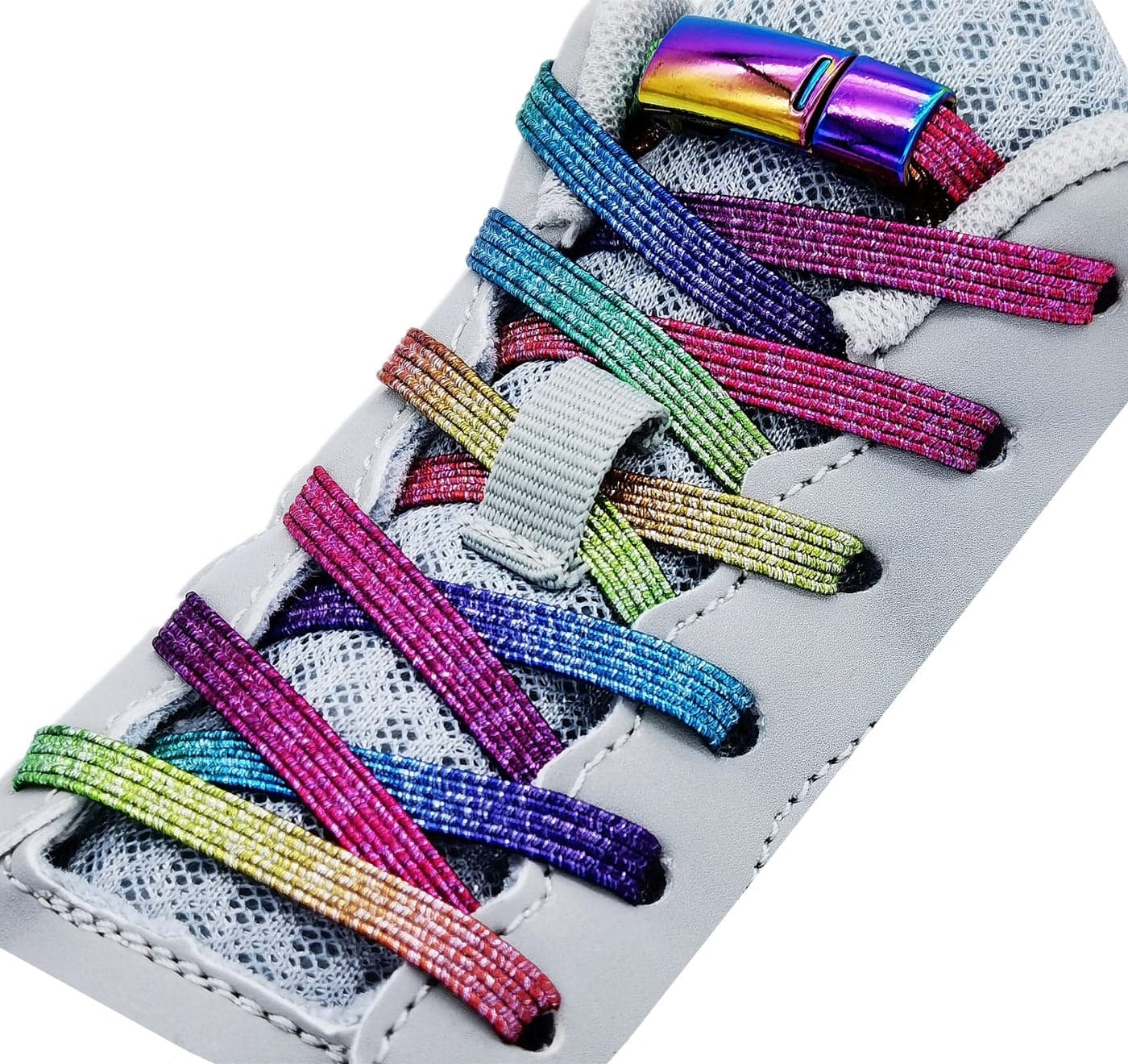 nikwesm Magnetic No Tie Elastic Shoe Laces for Kids Adults, No screw, One Size Fits All (silver rainbow)