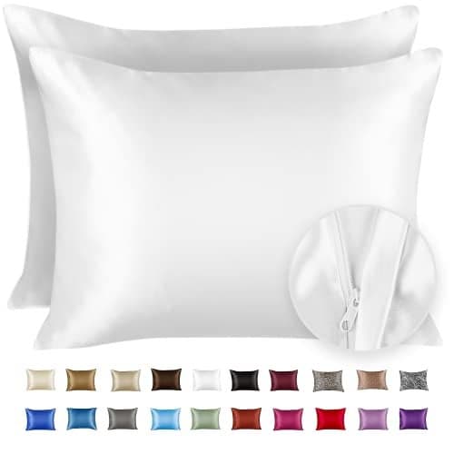 ShopBedding Satin Pillowcase with Zipper for Hair and Skin Care Feels Soft and Cool Like a Silk Pillowcase White Satin Pillow Cases 2 Pack Slik Pillow Cover Queen Size Set of 2 Blissford