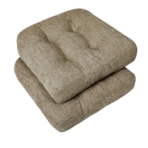 downluxe Chair Cushions for Dining Chairs 2 Pack, Tufted Indoor Chair Pads with Non-Slip Bottom, U-Shaped Kitchen Chair Cushions, 17"x17"x4", Khaki