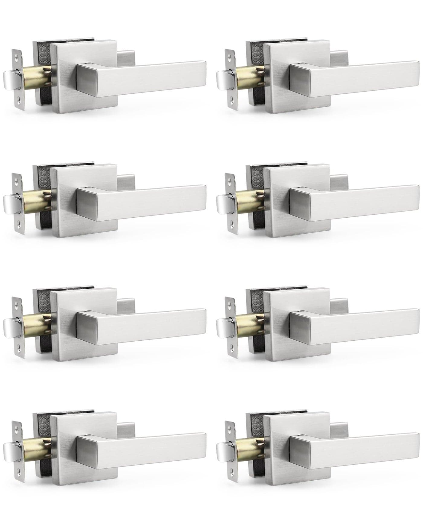 Probrico 8 Pack Passage Door Lock Hardware Door Lever Doorknobs Handle Hall/Closet Keyless Without Key Square Rose Satin Nickel Door Lever-DL01
