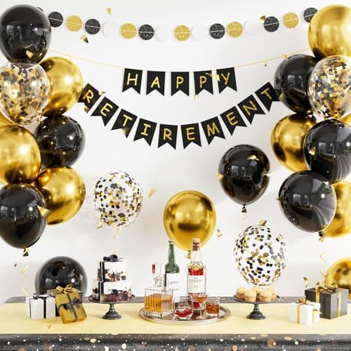 Retirement Party Decorations for Men and Women Black and Gold Happy Retirement Banner Balloons Garland Kit for Farewell Party Coworker Leaving Office Home Indoor Outdoor Decor