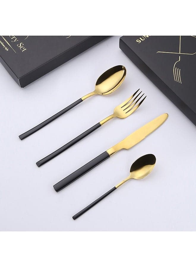 4-Piece Premium Cutlery Set - Black/Gold Stainless Steel Utensils with Mirror Polished Finish, Food-Grade Steel & Anti-Rust Coating - Luxury Dining Set for Steak, Salad, Dinner & Formal Events