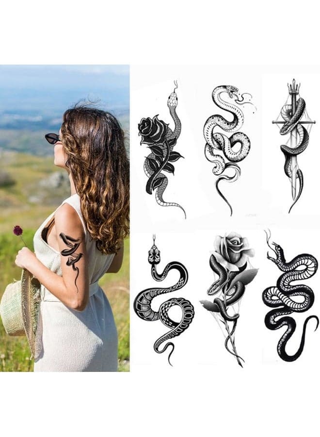 10 Sheets Realistic Snake Temporary Tattoo stickers for Women Men, Fake Snake Tattoo Stickers for Adults Girl's Arm Body, Black Serpent Peony Floral Kids.
