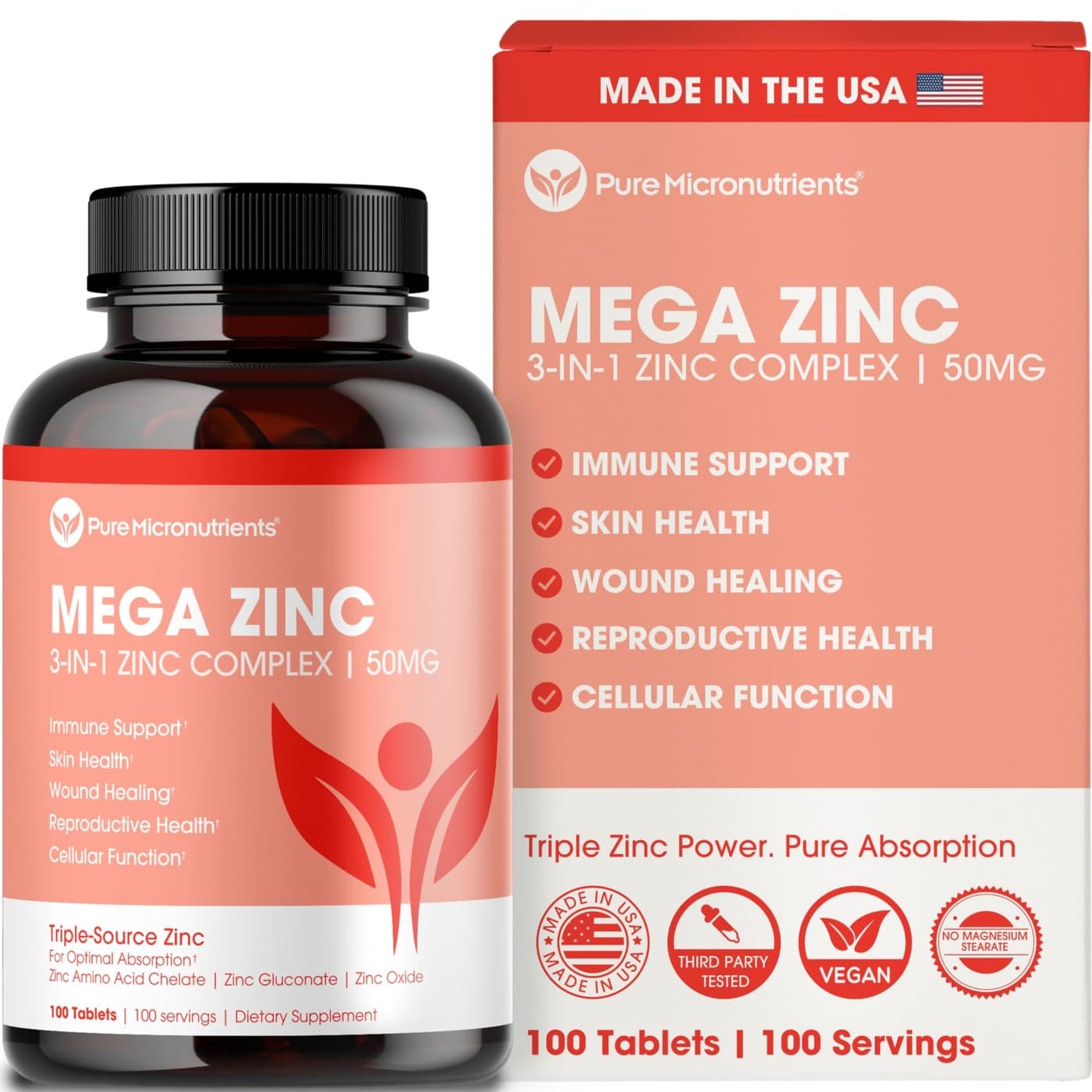 Mega Zinc Supplement 50mg 3in1 Zinc Complex 100 Tablets Pure Micronutrients
