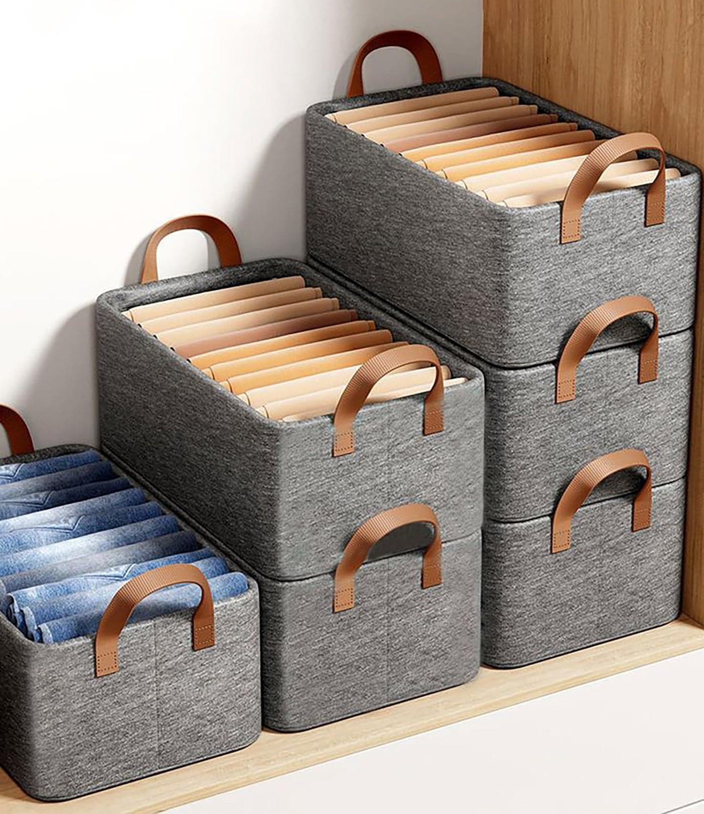 Yellow Weaves 6 Pcs Wardrobe Organizer for Clothes, Foldable Clothes Storage Baskets for Wardrobe, Toys, Books, Saree, Shirts, and Blankets Storage Box with Handles - Grey