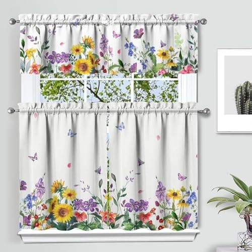qwpmvhsak Spring Floral Kitchen Curtain Valance 3 Piece Set, Sunflower Floral Home Interior Decor, Farmhouse Curtains and Valance Set, 36 Inch