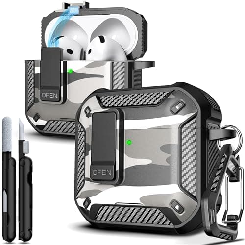R-fun for AirPods 4 Case with Cleaning Kit,Carbon Fiber Elements Military Drop Proof Auto Pop up Cover, Phone Stand and Magnetic Base with Carabiner Hook Compatible with AirPods 4th Gen 2024,SnowCamo