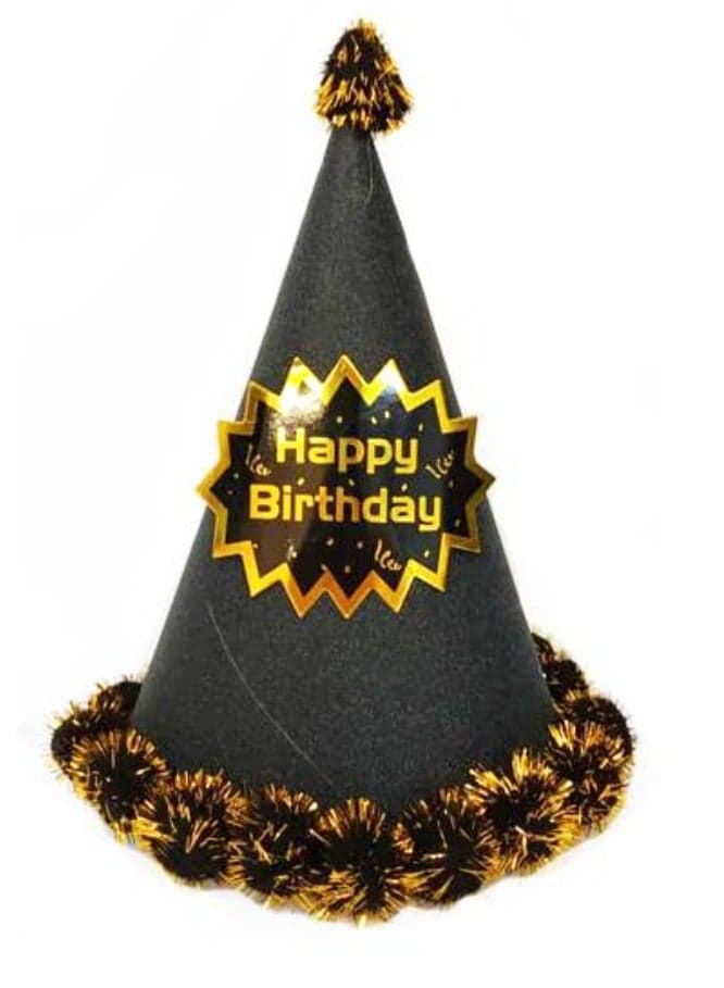 PARTY HAT - 25cm Pom Pom Happy birthday Glittery