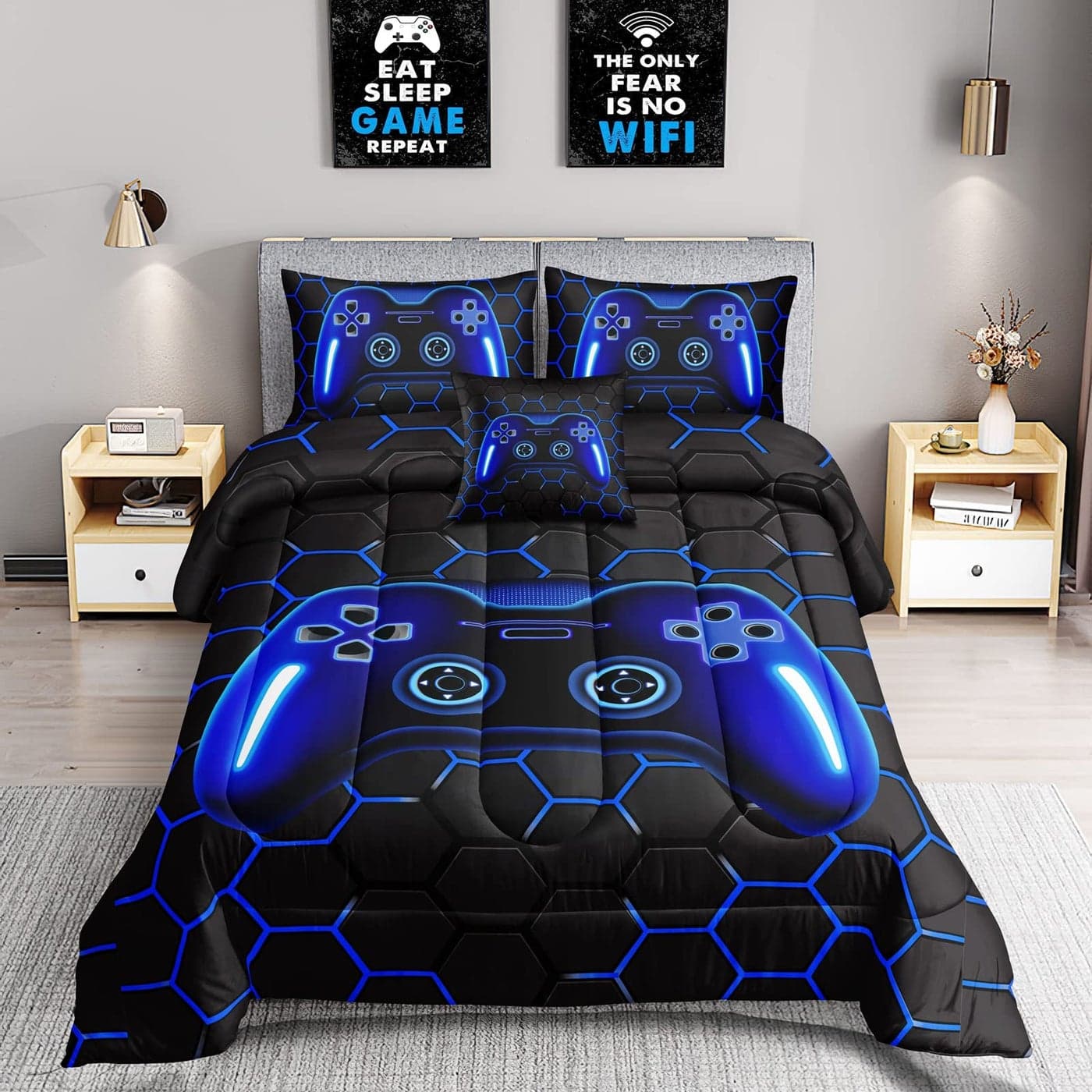 ROWADALO 5 Pieces Bed in A Bag Gamer Bedding Set for Boys Kids Adult Gaming Comforters SetBoys Bed in A Bag Set Twin Size Comforter with Fitted Sheet Flat Sheet Pillowcase pillowshamDJTH5025Twin