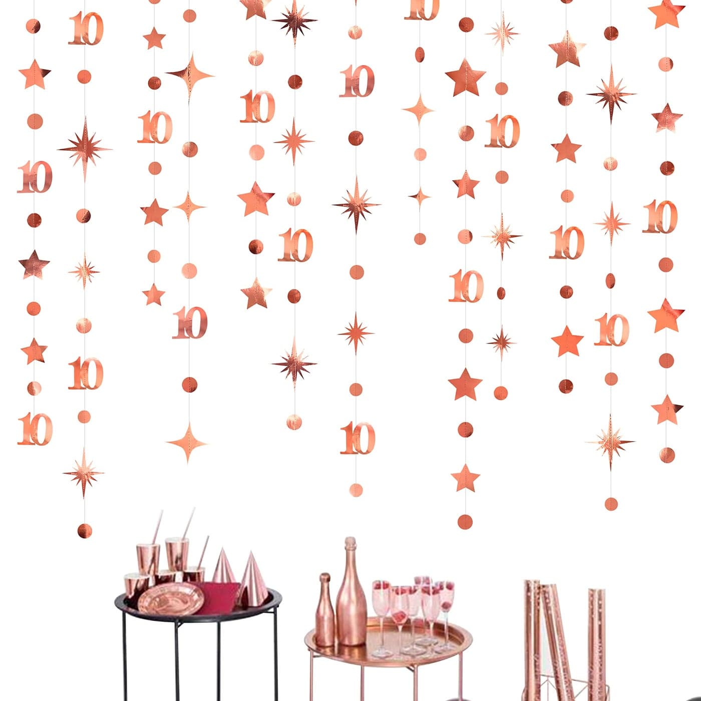 Rose Gold 10th Birthday Decorations Number 10 Circle Dot Twinkle Star Garland Metallic Hanging Streamer Bunting Banner Backdrop for Girls Boys Ten Year Old Birthday 10th Anniversary Party Supplies