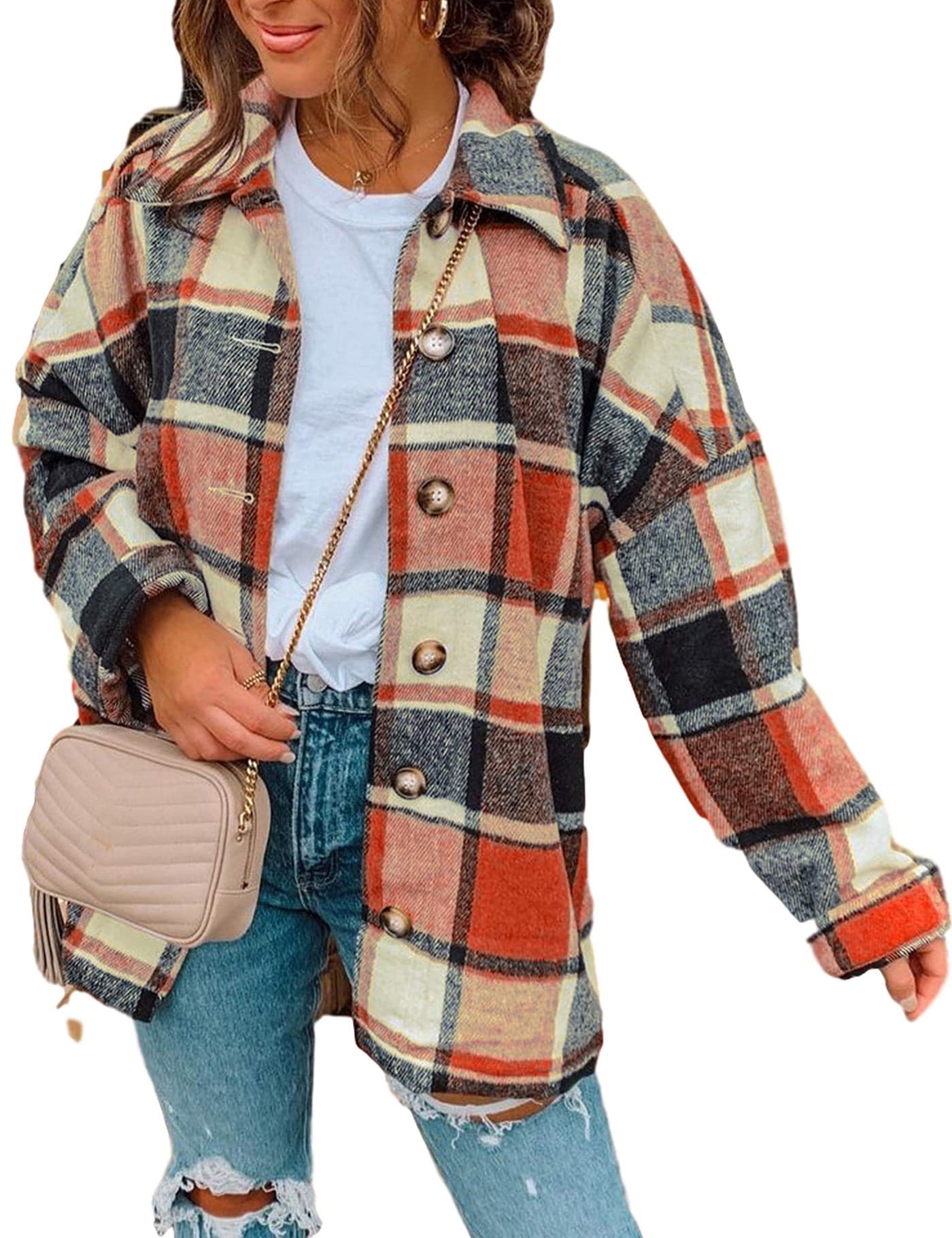 Yeokou Womens Fall Color Block Plaid Flannel Shacket Jacket Button Down Shirt Coat TopsOrangeL