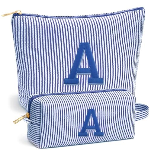 Fohufo Christmas Gifts 2025 for Girls Stocking Stuffers for Teen Girls 6 7 8 9 10 11 12 Year Girl Birthday Gift Personalized Initial Travel Makeup Bag Set Christmas Birthday Gifts for GirlBlue A