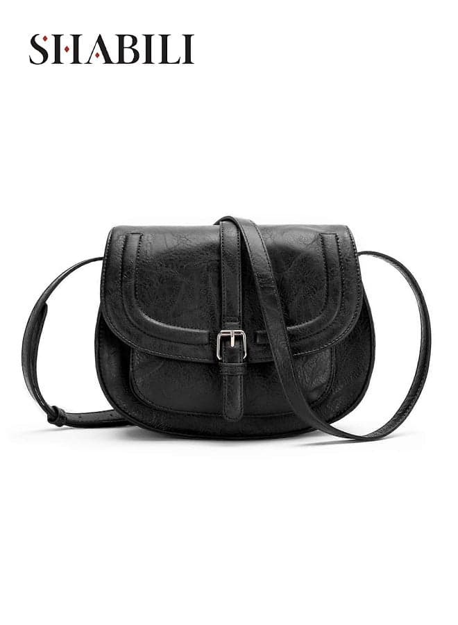 Women PU Shoulder Bag Crossbody Small Tote with Multi-Pocket Vintage Buckle Design for Daily Casual Party Travel, Ladies Cross Bags Youth College Tourist Satchel Purse, Teen Handbag Organizer (Black)