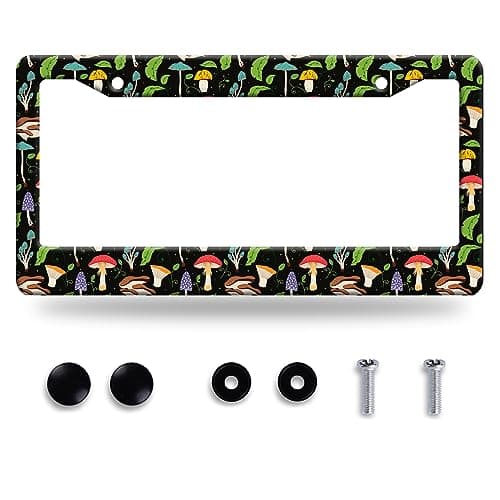 Mushroom License Plate Frame Cute Mushroom Leaves Print License Plate Colorful Stainless Steel Auto Parts Funny License Plate Decoration with Screws Size 123 x63