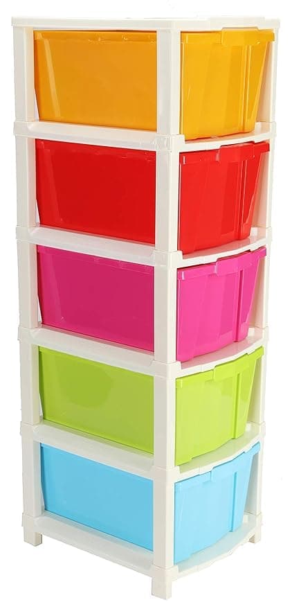 5Drawer Storage Tower with Multicolored Bins White Frame Plastic Organiser Unit 5 layer