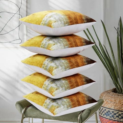 RD TREND® Velvet Satin Cushion Covers 18 Inch x 18 Inch | Art Decorative Throw Pillows for Sofa, Couch, Living Room, Home Décor Cushion Cover Set of 5 (Yellow)