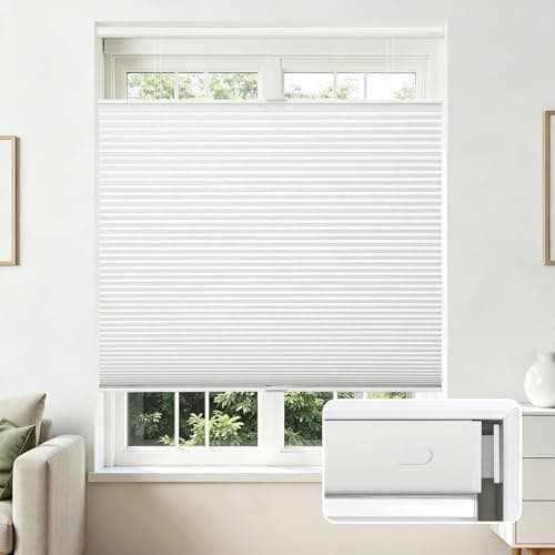 Joydeco No Tools No Drill Blinds for Indoor Windows Cordless Window Blinds Cellular Shades Top Down Bottom Up Blackout Honeycomb Blinds Thermal Insulated Noise Reduction White 35 W x 64 H