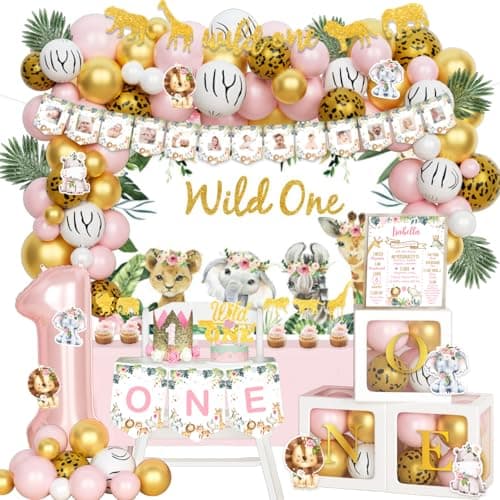 130 PCs Wild One Birthday Decorations Girl Hombae Safari Jungle Theme 1st Birthday Party Backdrop Balloon Garland Leaves Monthly Photo Highchair Banner Box Cutout Crown Cake Cupcake topper Pink Gold