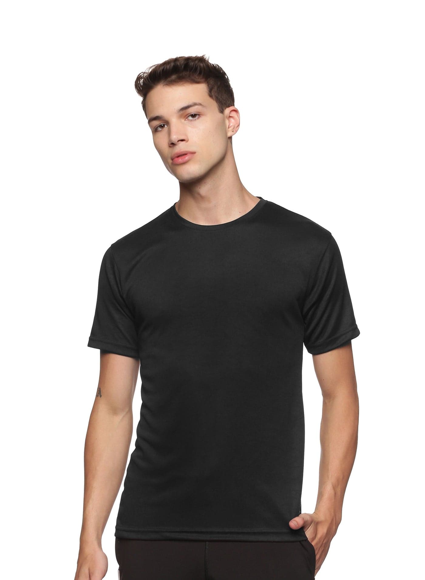 Men's Athleisure Plain Polyester Half Sleeves Round Neck T-Shirt -Black