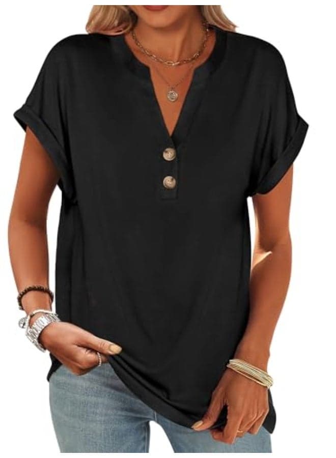Womens Short Sleeve Henley Tops V Neck Dressy Casual Blouses Summer Trendy Tee Shirts 2025 Vacation Fashion Clothes