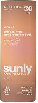 ATTITUDE Tinted Mineral Sunscreen Face Stick with Zinc Oxide SPF 30 EWG Verified PlasticFree Broad Spectrum UVAUVB Protection Dermatologically Tested Vegan Unscented 20 g