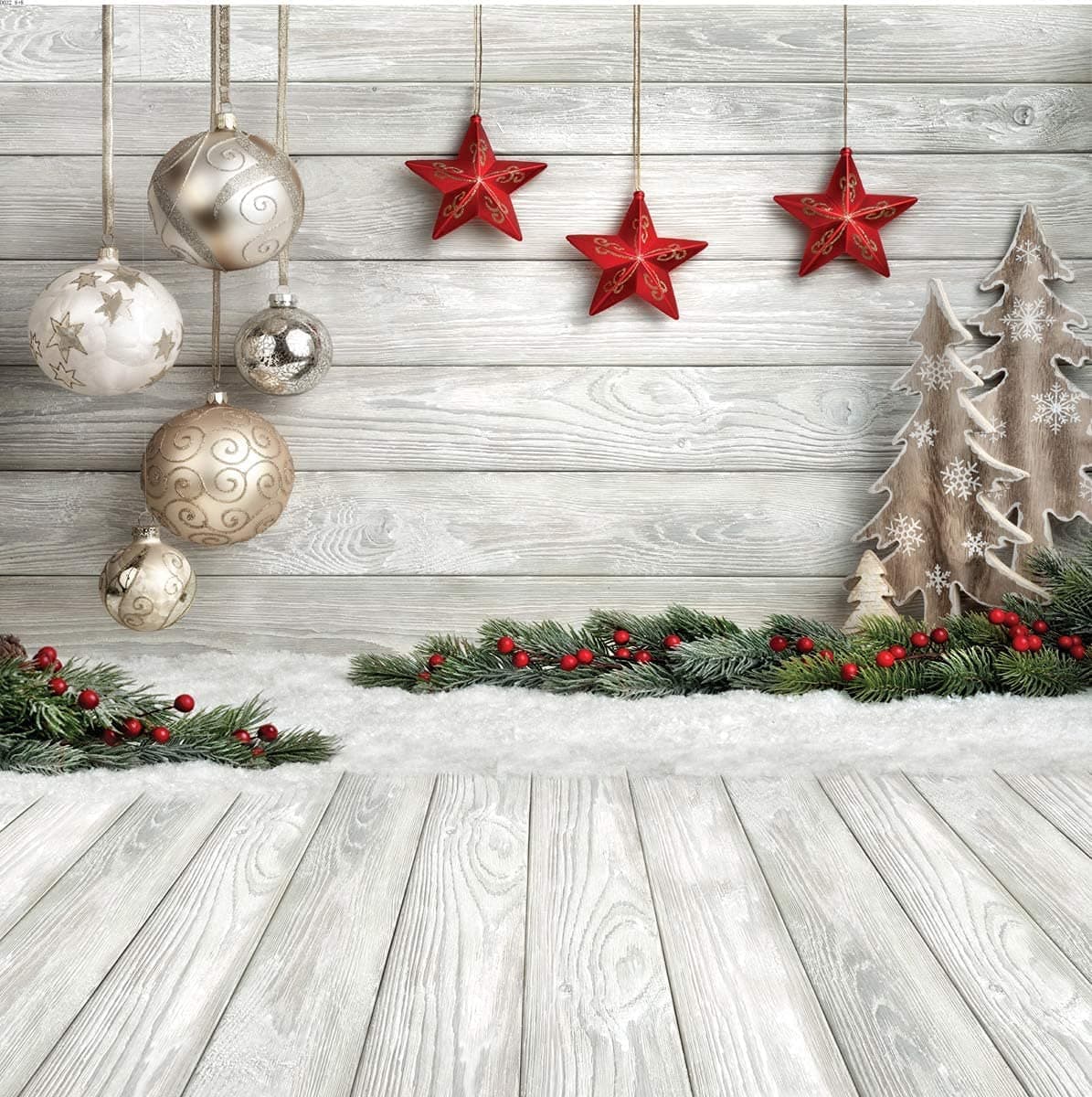 Dudaacvt 10x10ft Christmas Backdrop with Xmas Tree Balls White Wood Floor for Photography