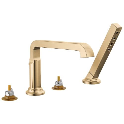 Delta Tetra Roman Tub Faucet with Hand Shower Brushed Gold Deck Mount Bathtub Faucet Lumicoat Champagne Bronze T4789CZPRLHP Valve and Handles Not Included