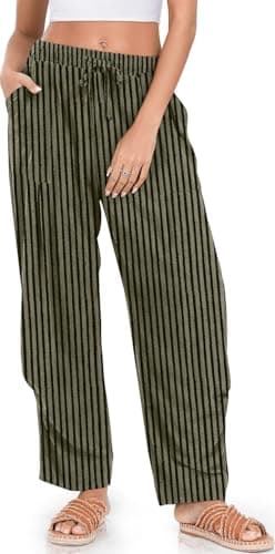 TARSE Women Linen Pants Summer Boho Wide Leg Drawstring with Pockets, BlackGreenStriped, L