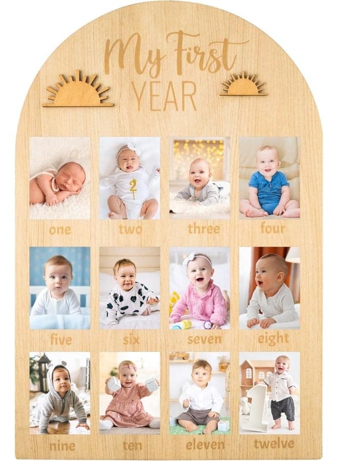 R HORSE My First Year Photo Display Wood Board, 3D Boho Sun Baby's First Year Picture Frame 12 Months Milestone Board Neutral Baby Keepsake Birthday Nursery Decor Gift for Boy Girl
