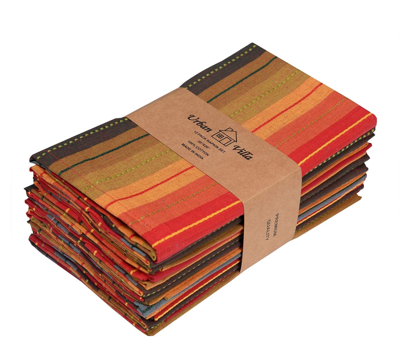Urban Villa Cloth Napkins Cuisine Stripes 100% Cotton Absorbent Dinner Napkins Set of 12 20x20 Inches Red Multi Color Soft Durable Washable and Reusable Ideal for Everyday Use Wedding Parties Napkins