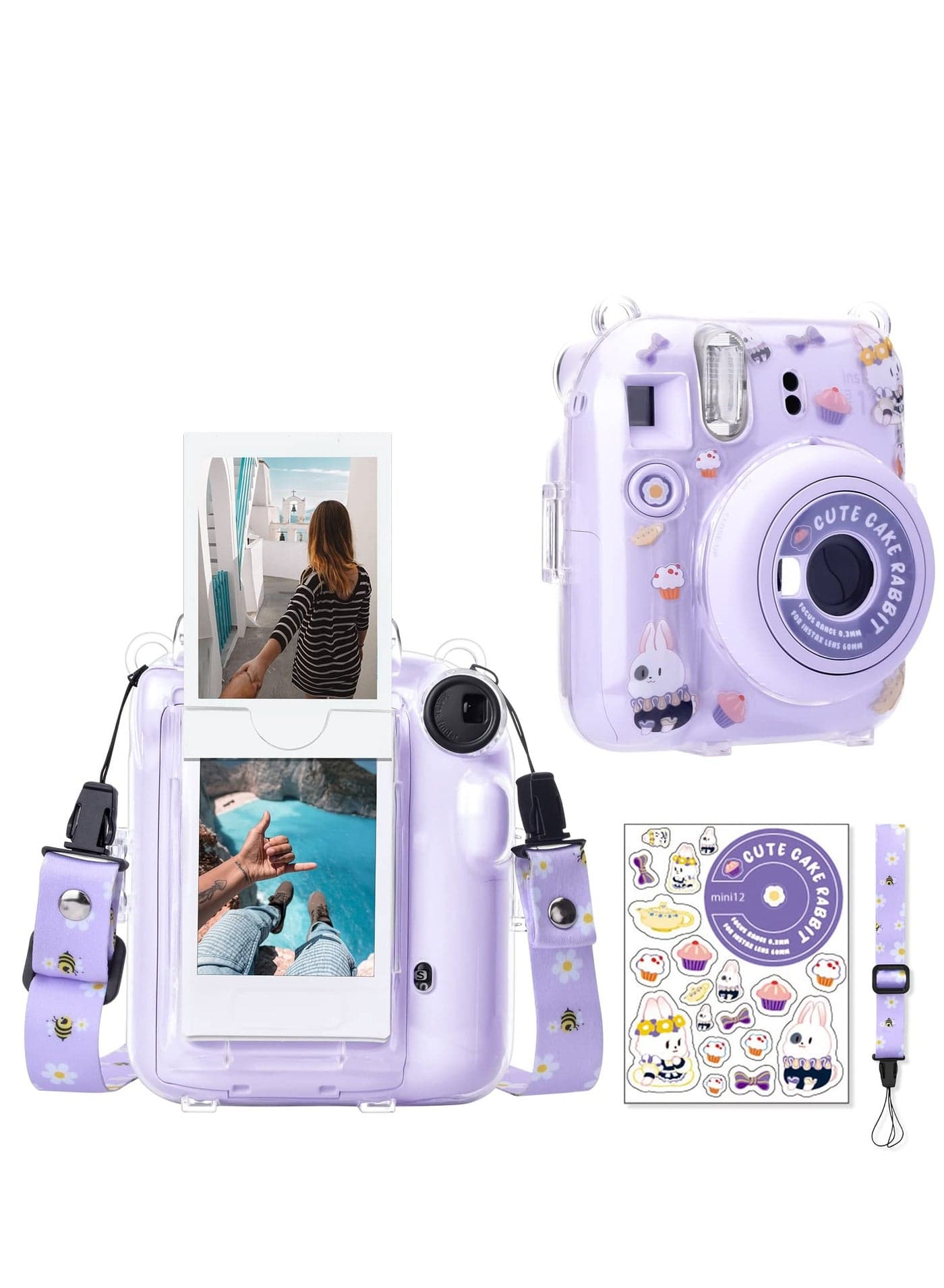 Clear Case Compatible with Fuji Instax Mini 12 Camera Hard PVC Case with Photos Pocket to Store 10 Photos - with Shoulder Strap & Camera Sticker - Purple