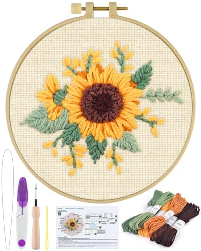 ERKOON Punch Needle Kit Beginners Adults DIY Easy Flower Embroidery Set for Starter Art Craft Needling Punching Project with Patterns Tools Yarns Hoop Instruction Yellow Flowers