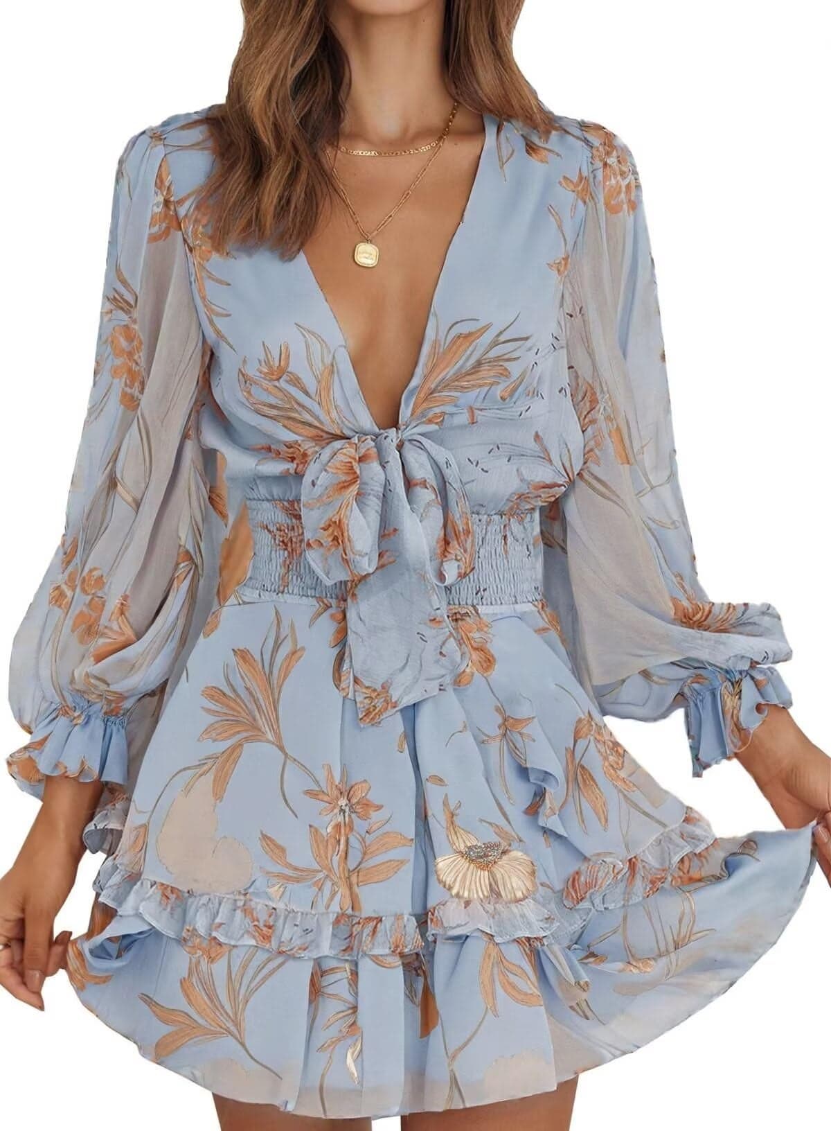 Dokotoo Fall Outfits for Women 2025 Sexy V Neck Ruffle Elegant Long Sleeve Empire Waist Cute Chiffon Boho Swing A Line Mini Short Skater Dresses Brunch Dress Brunch Outfits for Women Sky Blue S