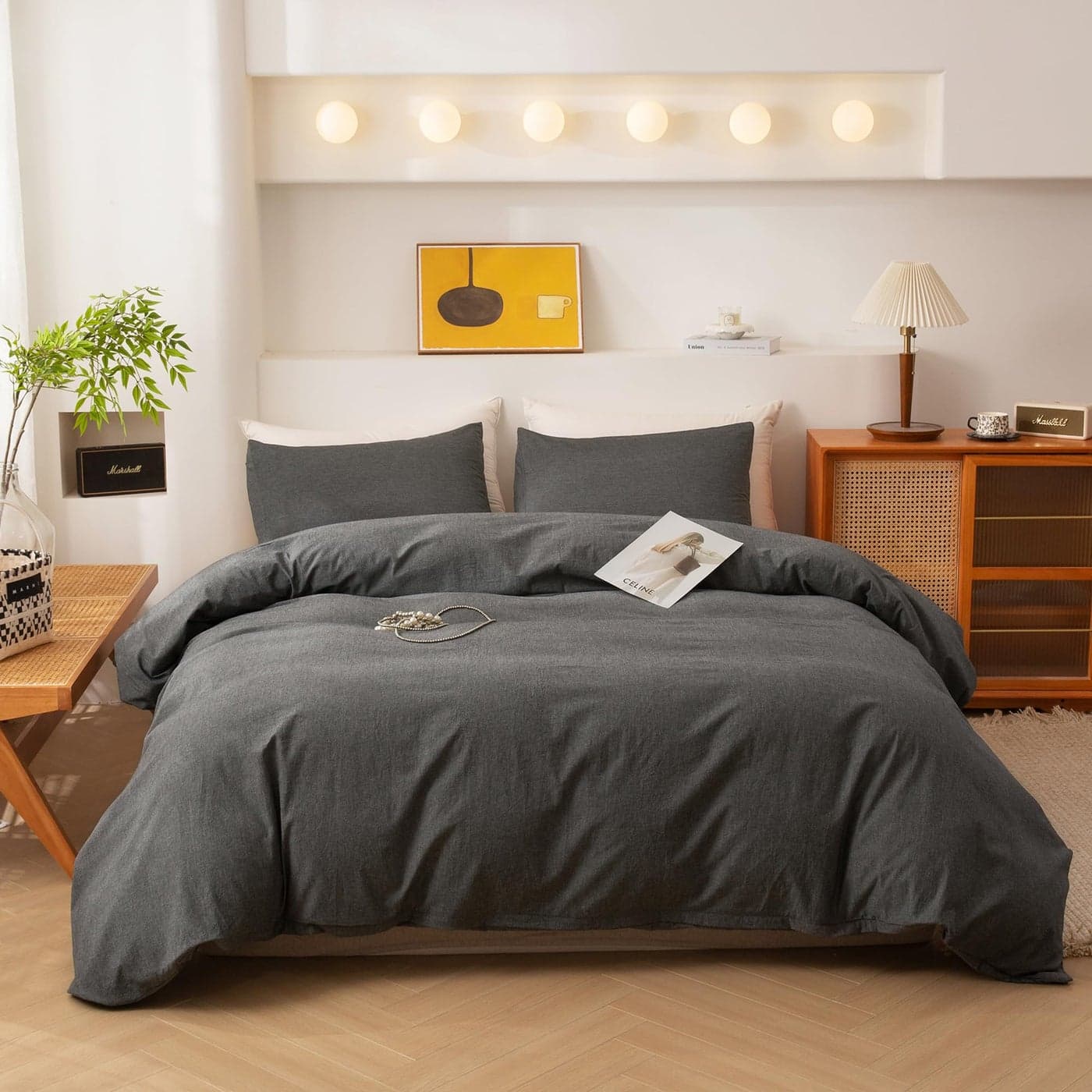 ECOCOTT Grey Duvet Cover King Size 100 Washed Cotton 1 Duvet Cover with Zipper and 2 Pillowcases Ultra Soft and Easy Care Breathable Cozy Simple Style Bedding Set Dark Grey