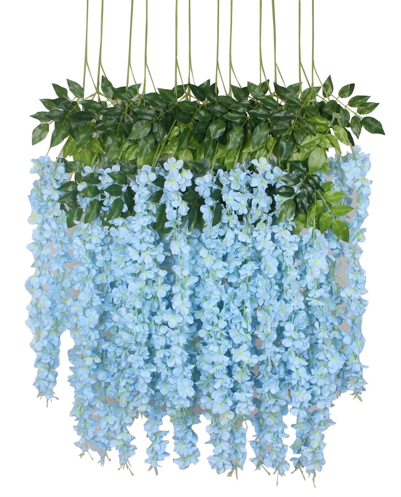 Duovlo 12 Piece Artificial Silk Wisteria Vine 36 Feet Hanging Flower Garland String Home Party Wedding Decor Light Blue