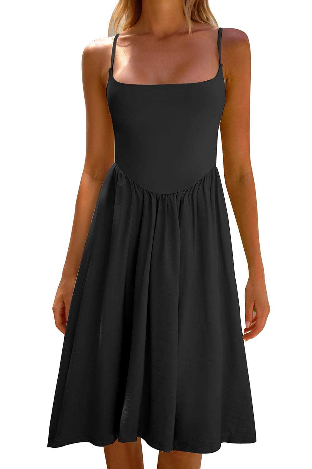 CHYRII Womens Black Dress Fashion Summer 2025 Spaghetti Straps Sleeveless Casual ALine Midi Dresses Sundress M