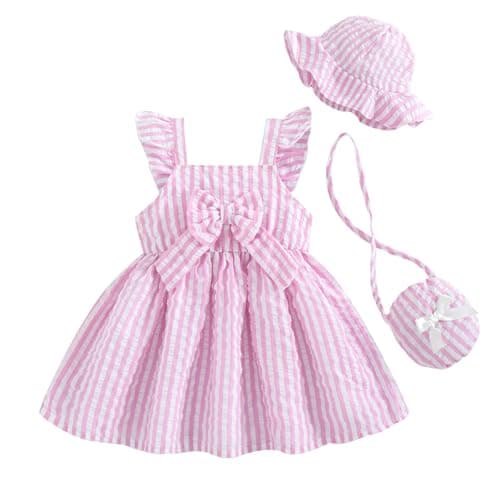 Renotemy Baby Girl Dresses 3-6 Months Infant Girls Ruffle Flutter Sleeve Big Bowknot Boho Pink Striped Sundress Gifts for Girls 6 Months Spring Summer Party Dress Clothing Set Outfits with Hat and Bag